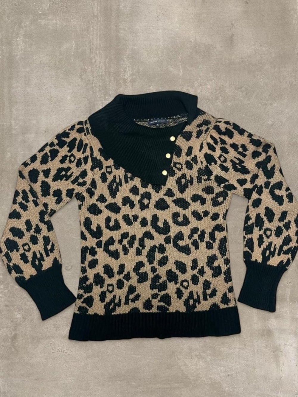 Adrienne Vittadini Sweater Womens M Leopard Print Mock Neck Button Detail Knit